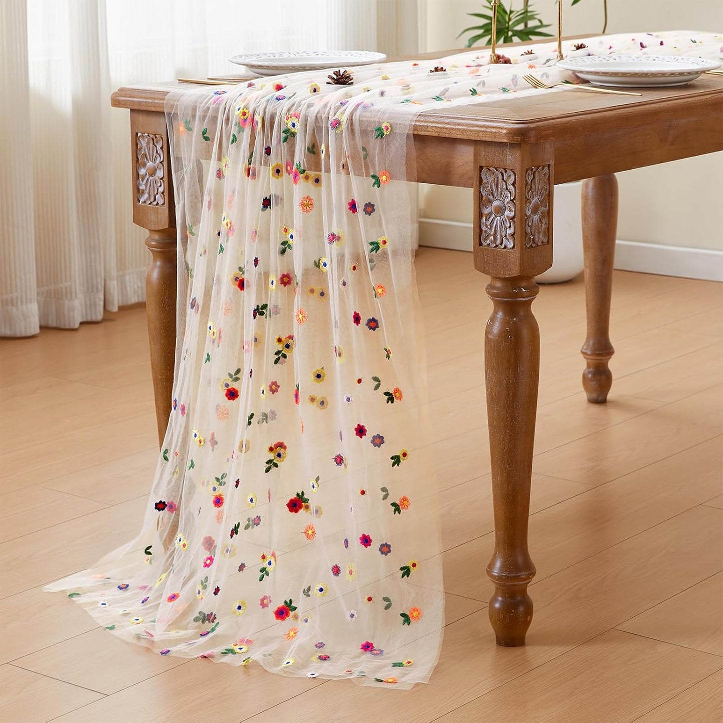 JIALE Champagne Floral Table Runner, Embroidery Daisy Seasonal Table Decorations, 120Inch 10FT 1PC Gold Tulle Fabric for Home Decor, Bridal Shower Wedding, Baby Shower Parties, DIY Craft