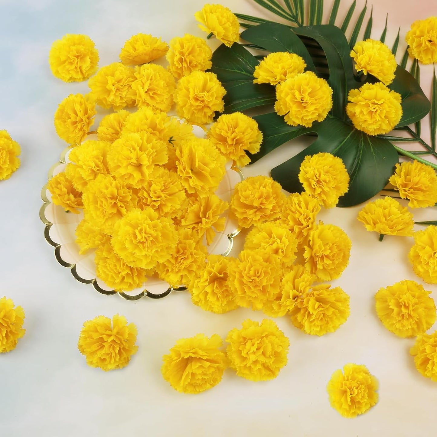 30 Pcs Artificial Marigold Flowers,2" Silk Marigold Flower Heads with Stems,Yellow Flowers Artificial for Diwali Decor,Indian Wedding,Home,DIY Wreath Garland,Day of The Dead Decorations
