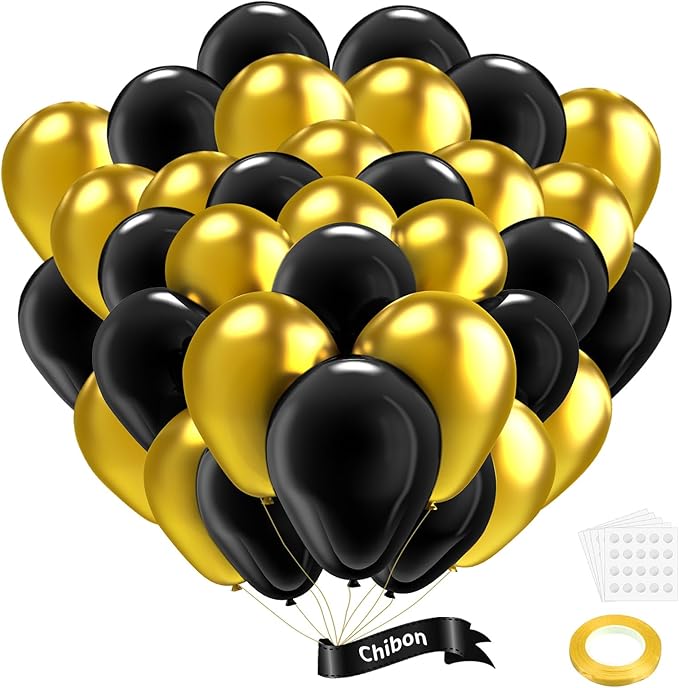 Black and Gold Metallic Chrome Balloons Set, 67pcs 12 inch Latex Party Balloons for Birthday Party Graduation Anniversary Baby Shower Wedding Decorations