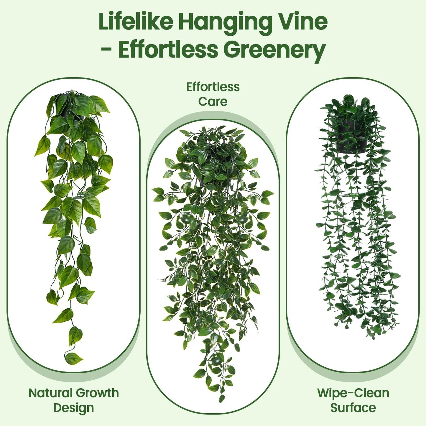 3 Pack Small Fake Hanging Plants, Artificial Eucalyptus, Pothos & Mandala Vines with Plastic Pot for Indoor Home Decor, Wall, Office, Bathroom, Kitchen, Shelf, Farmhouse Room Decoration