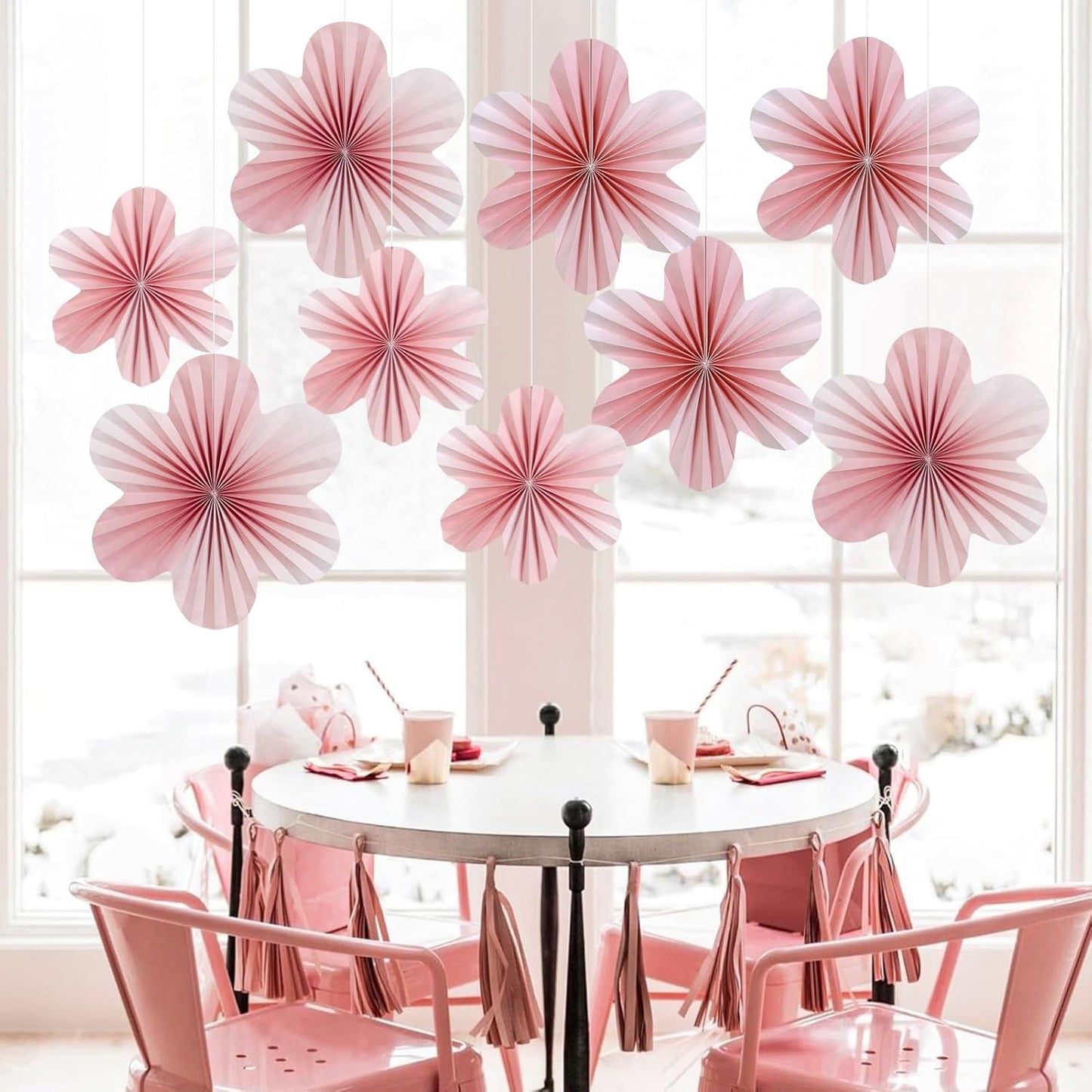 SUNBEAUTY 9 PCS Pink and Cherry Blossom Party Decorations Pink Paper Fans Decor Sunset Party Floral Backdrop Decoration Hanging Paper Flowers for Wall Birthday Wedding Baby Shower Supplies
