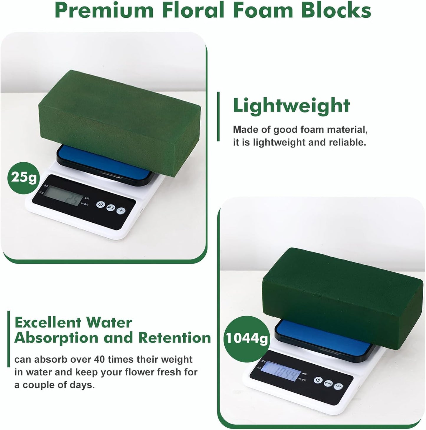 12 Pcs Floral Foam Blocks for Fresh & Artificial Flowers, 5.5" L x 3.1" W x 1.7" H Wet & Dry Green Flower Foam for Indoor Outdoor Floral Arrangements, Foam Bricks for Wedding, Birthdays, Home Décor