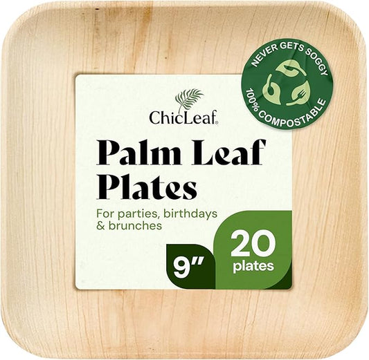 Chic Leaf Palm Leaf Disposable Bamboo Plates - Party Plates for Weddings & Event Appetizers, Indoor Events and Cozy Dinner Family Meal - Biodegradable & Compostable - Party Supplies (9", 20 Pack)