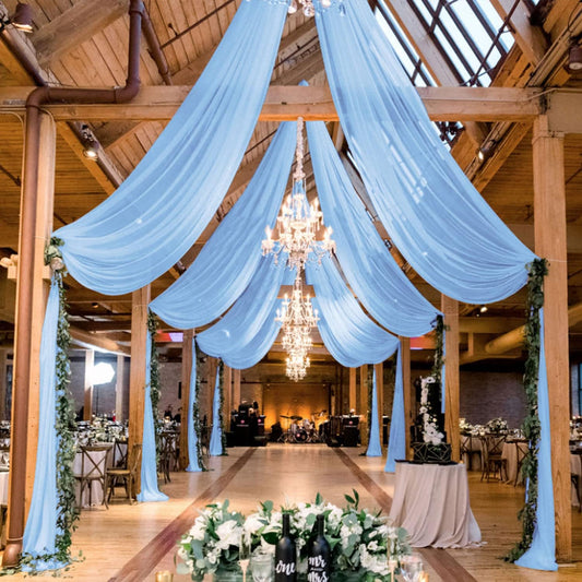 MODFUNS Light Blue Ceiling Drapes Wedding Arch Drapery 5x30ft 2 Panels Sheer Chiffon Curtain Drapes Tulle Ceiling Fabric Draping Fabric Vintage Wedding Ceremony Party Tent Ceiilng Drapes Supplies