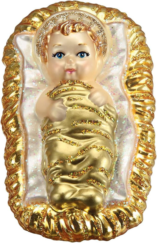 Old World Christmas Baby Jesus in Manger Glass Blown Ornament for Christmas Tree, Handcrafted Holiday Decoration, Religion Collection