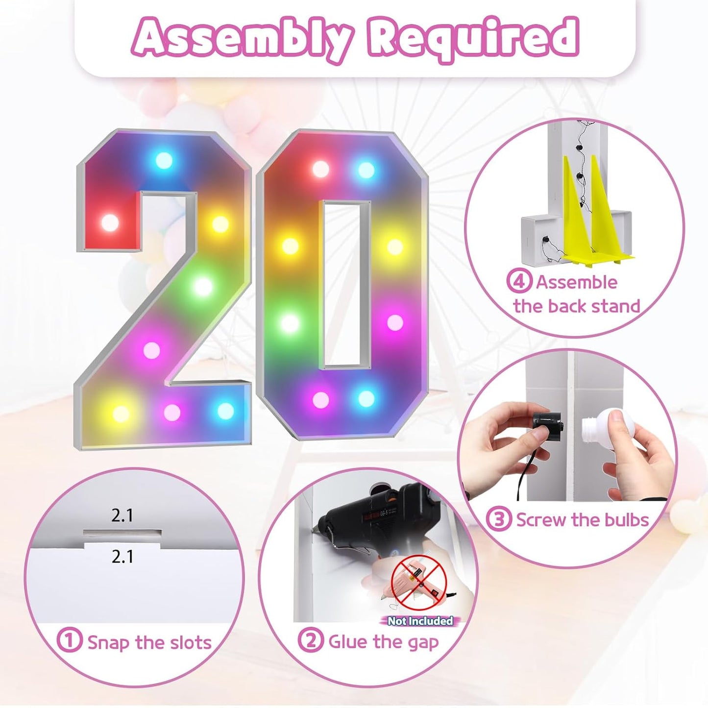 Marquee Numbers 20th-Birthday Decoration: Colorful 3FT Large Light Up 20 Year Old Birthday Decorations Anniversary Backdrop for Boys Girls Cardboard Sign 18 Colors Number 20 Mosaic Balloon Frame