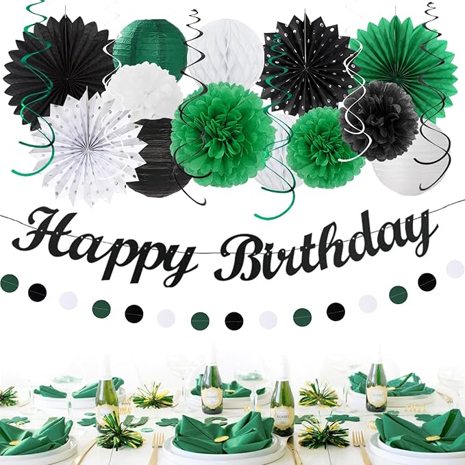 Black Green White Birthday Party-Decorations - 21pcs Boys Men Happy Birthday Banner,Paper Streamers Lanterns Honeycomb,Flower Tissue Pom Poms Fan Supplies Decor Huglony