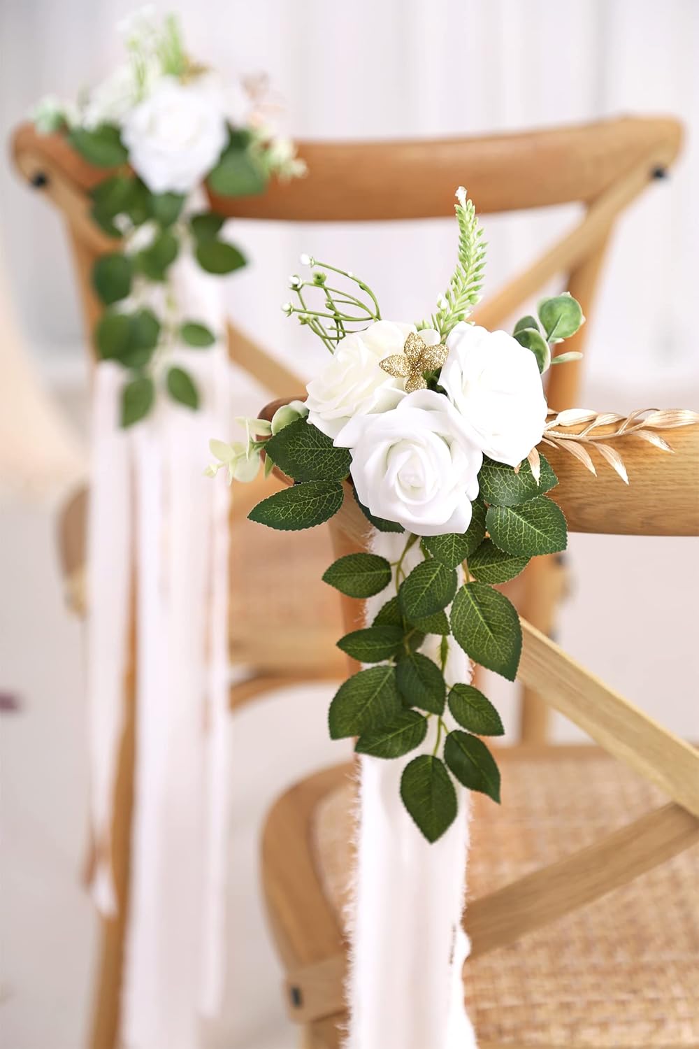 Wedding Aisle Decorations for Wedding Ceremony Set of 10 Pew Flowers for Church Chair Decorations Party Decor with Artificial Flowers Eucalyptus and Ribbons White