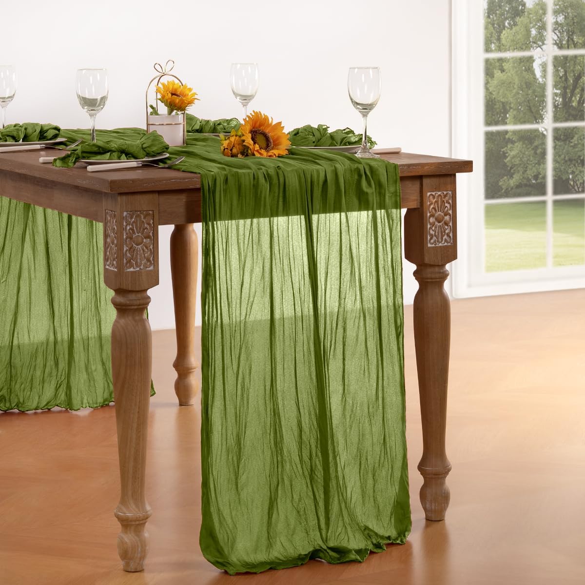 Olive Green Cheesecloth Table Runner Fall Table Runner Boho Gauze 120 Inches Green Fall Cheese Cloth Table Decorations for Thanksgiving Wedding Bridal Baby Shower Tea Party