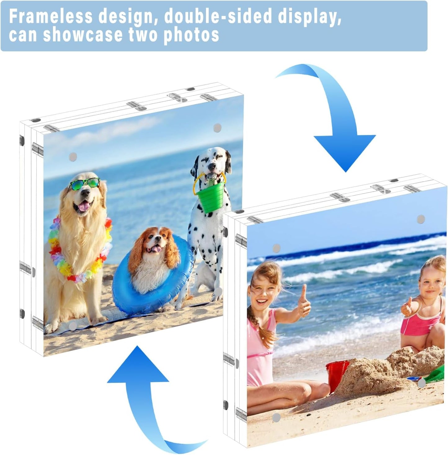 HELPLEX 5 Pack 6x6 Acrylic Picture Frames, 24mm Thicker Square Frameless Clear Frame Double Sided Magnetic Frame, Free Standing Desktop Display Stand