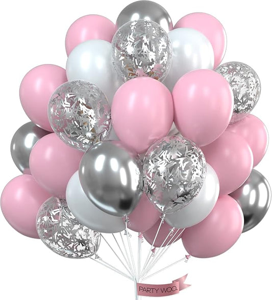 PartyWoo Pink White and Silver Balloons 65pcs 12 Inch Baby Pink Pearl White Silver Confetti Balloons for Graduation Baby Shower Birthday Gender Reveal Anniversary Bachelorette Party Decorations