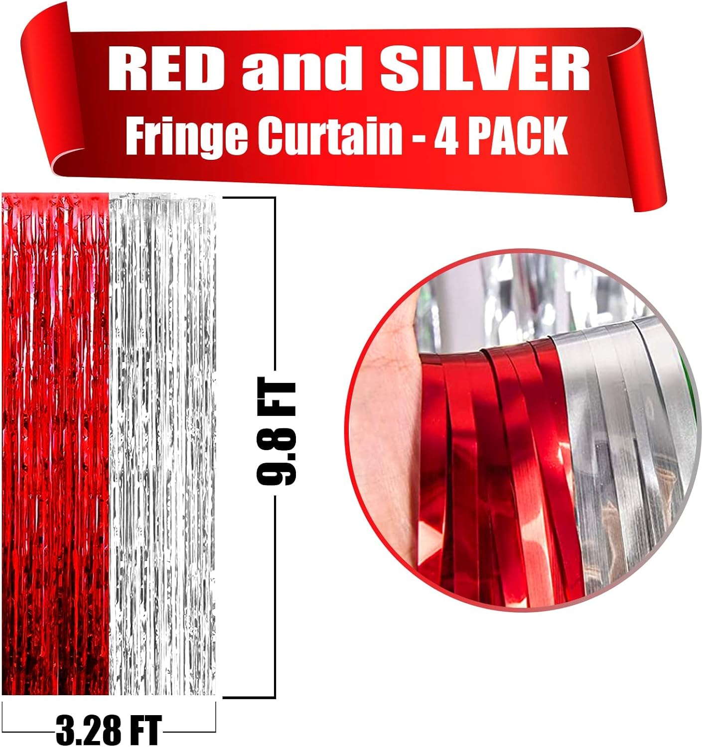 4 Pack Foil Fringe Curtain Backdrop, 3.28Ft x 8.2Ft Metallic Tinsel Foil Fringe Streamers Curtains for Photo Booth, Wedding, Circus Welcome Carnival Birthday Party Decoration Silver Red
