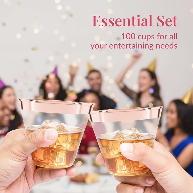 Prestee 100 Rose Gold Plastic Cups - Rose Gold Plastic Cups 9 oz - Party Decorations - Disposable Wine Cup - Clear Cup - Bulk Party Wine Glasses