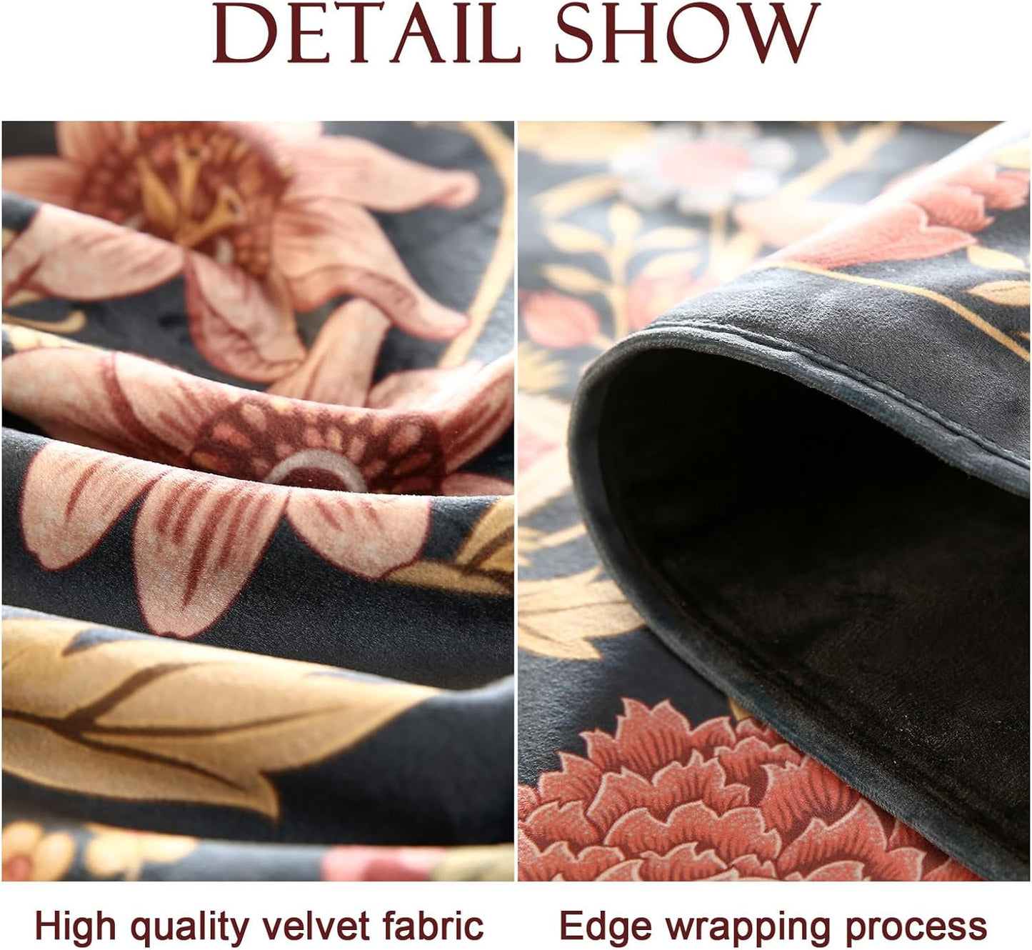 patdrea Designer Vintage Black Floral Velvet Table Runner 102 Inch Long, Pink Khaki Bouquets Pattern Table Mat, Decoration for Kitchen Dining Coffee Table Cabinet Banquet Thanksgiving,12"*102"