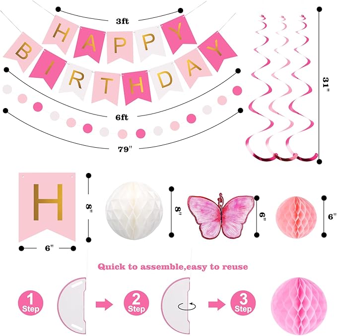 meowtastic Birthday Decorations, Happy Birthday Banner with Honeycomb Balls, Butterfly Hanging Swirl Streamers, Circle Dots Garland, Happy Birthday Party Decorations for Women Girls (Pink & White)