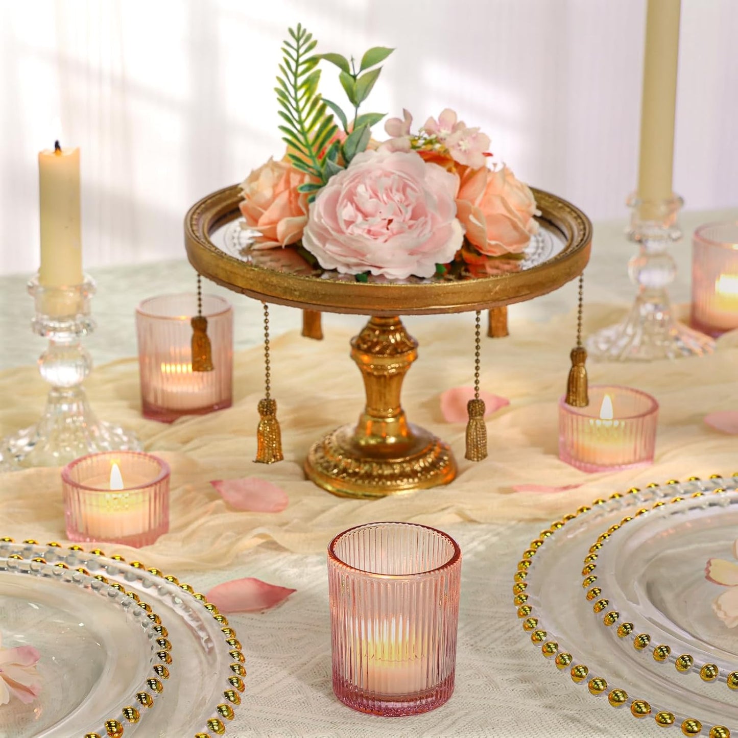 24 Pcs Glass Votive Candle Holders – Assorted Ribbed Pink Tea Light Holders Bulk for Weddings, Baby Showers, Parties, Home Décor, and Table Centerpieces