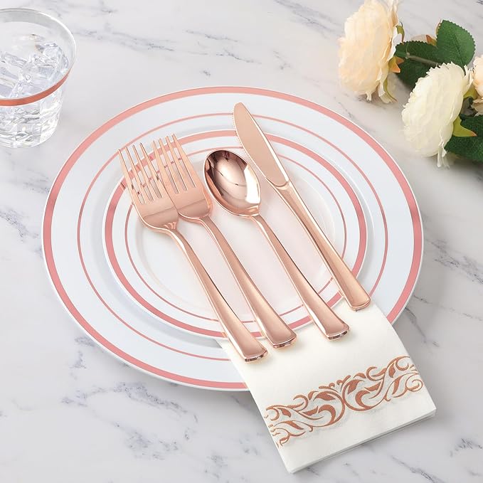 Goodluck 175 Piece Rose Gold Dinnerware Set for 25 Guests, Plastic Plates Disposable for Party, Include: 25 Dinner Plates, 25 Dessert Plates, 25 Paper Napkins, 25 Cups, 25 Silverware Set