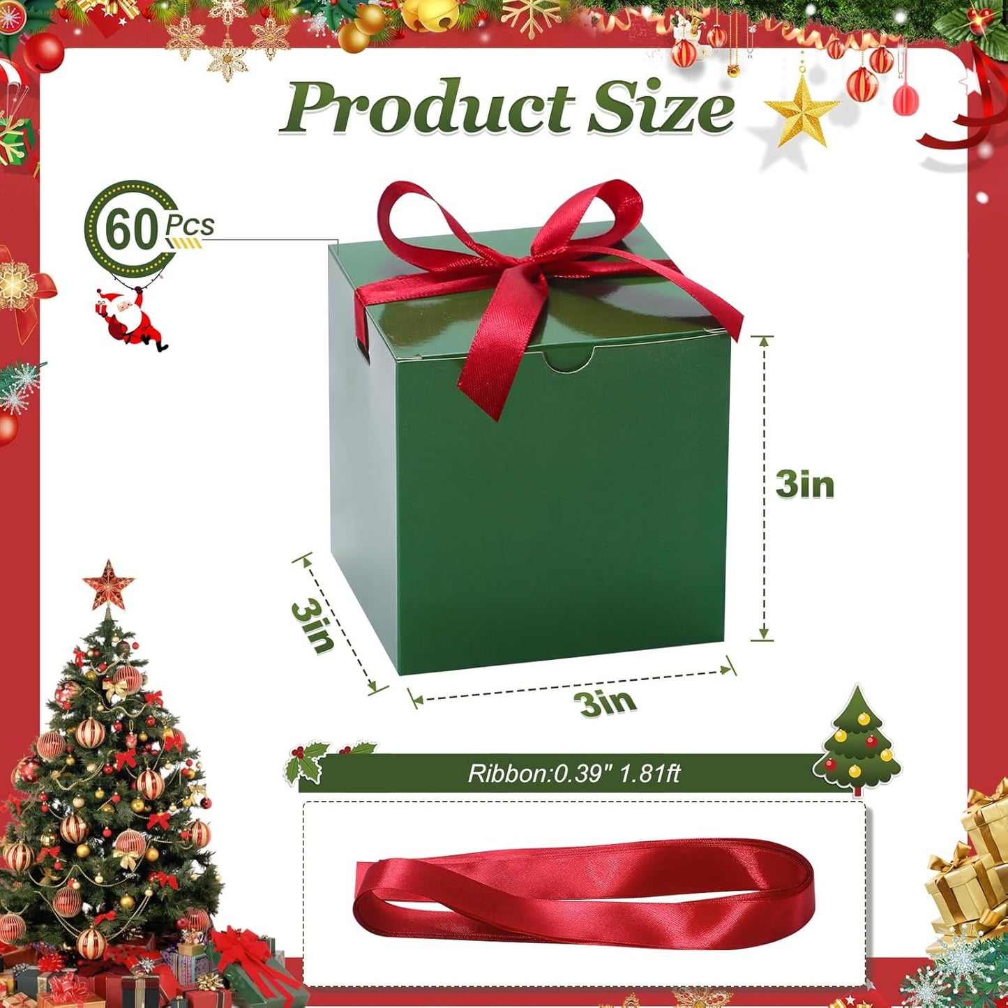DOYIDE 60 Pcs Small Gift Boxes, 3x3x3 inches Kraft Paper Gift Box with Ribbons, Green Candy Boxes for Christmas Wedding Favors Baby Shower Bridal Shower Birthday Party