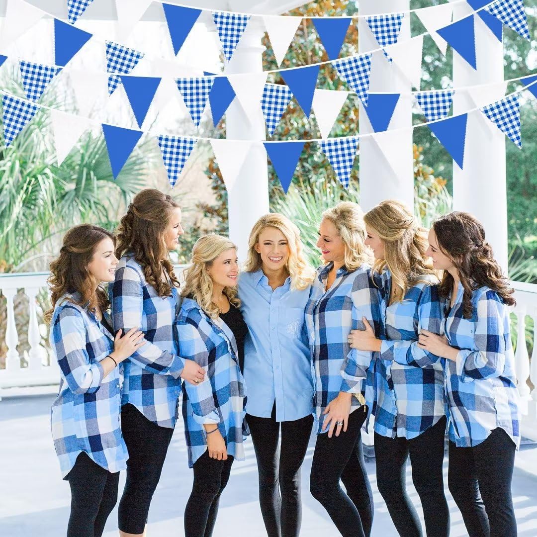 32Ft Deep Blue Party Decorations Blue Buffalo Plaid Checkered White Triangle Flag Gingham Pennant Bunting Fabric Garland for Picnic Racing Car BBQ Birthday Wedding Outdoor Garden Oktoberfest Decor