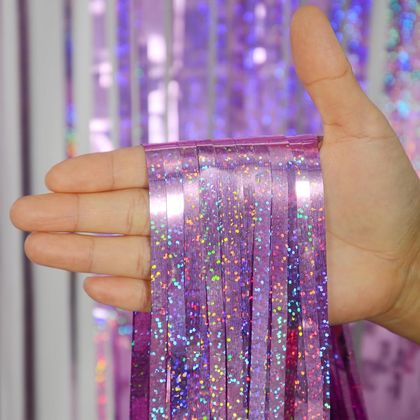 Melsan 2 Pack 3.2 ft x 8.2 ft Tinsel Foil Fringe Curtains Backdrop, Sparkle Metallic Foil Curtains for Party Photo Booth Props Decoration, Pinkish Purple