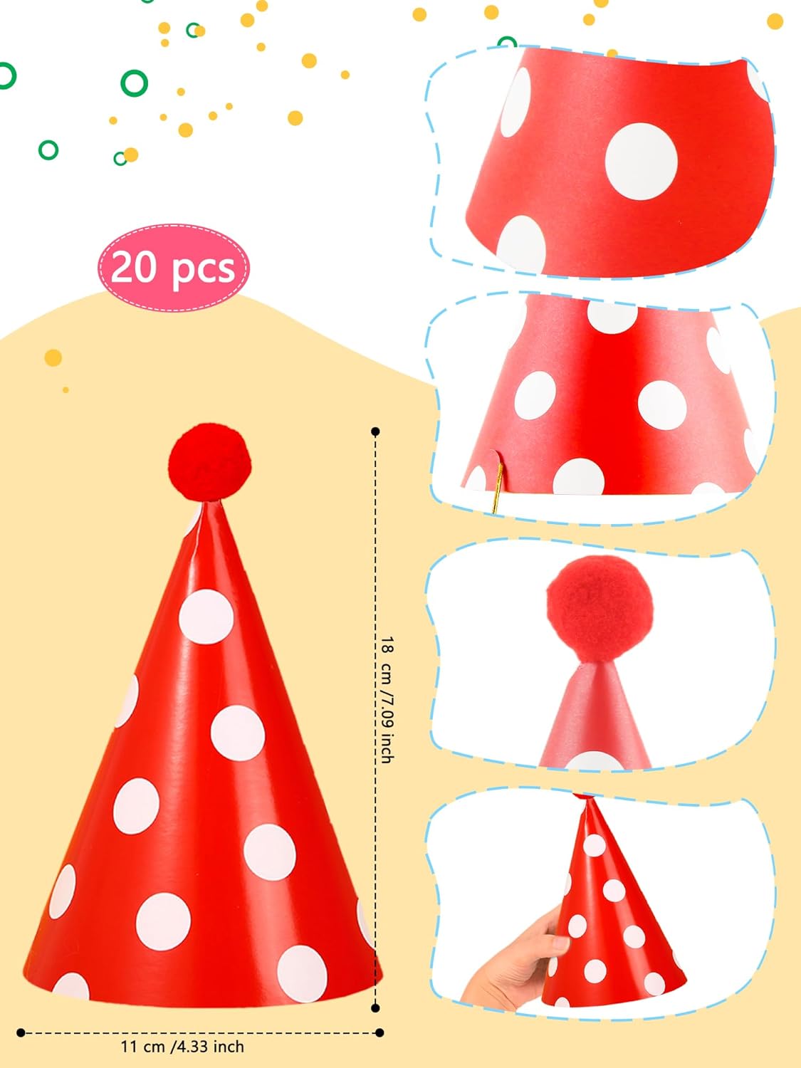 20 Pcs Birthday Party Cone Hats with Pom Poms Assorted Cone Paper Hat for Birthday Christmas New Year Party Supplies, 10 Styles