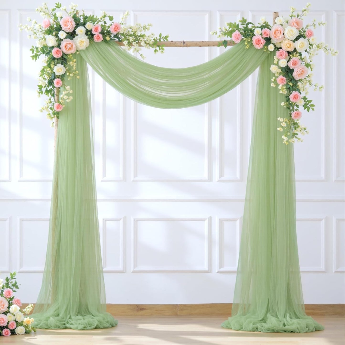 Wedding Arch Draping Fabric Backdrop 2 Panel 60" x 26Ft Sage Green Drapes Curtains for Wedding Reception Sheer Tulle Backdrop Curtain for Ceremony Birthday Party Baby Shower Arbor Ceiling Decorations