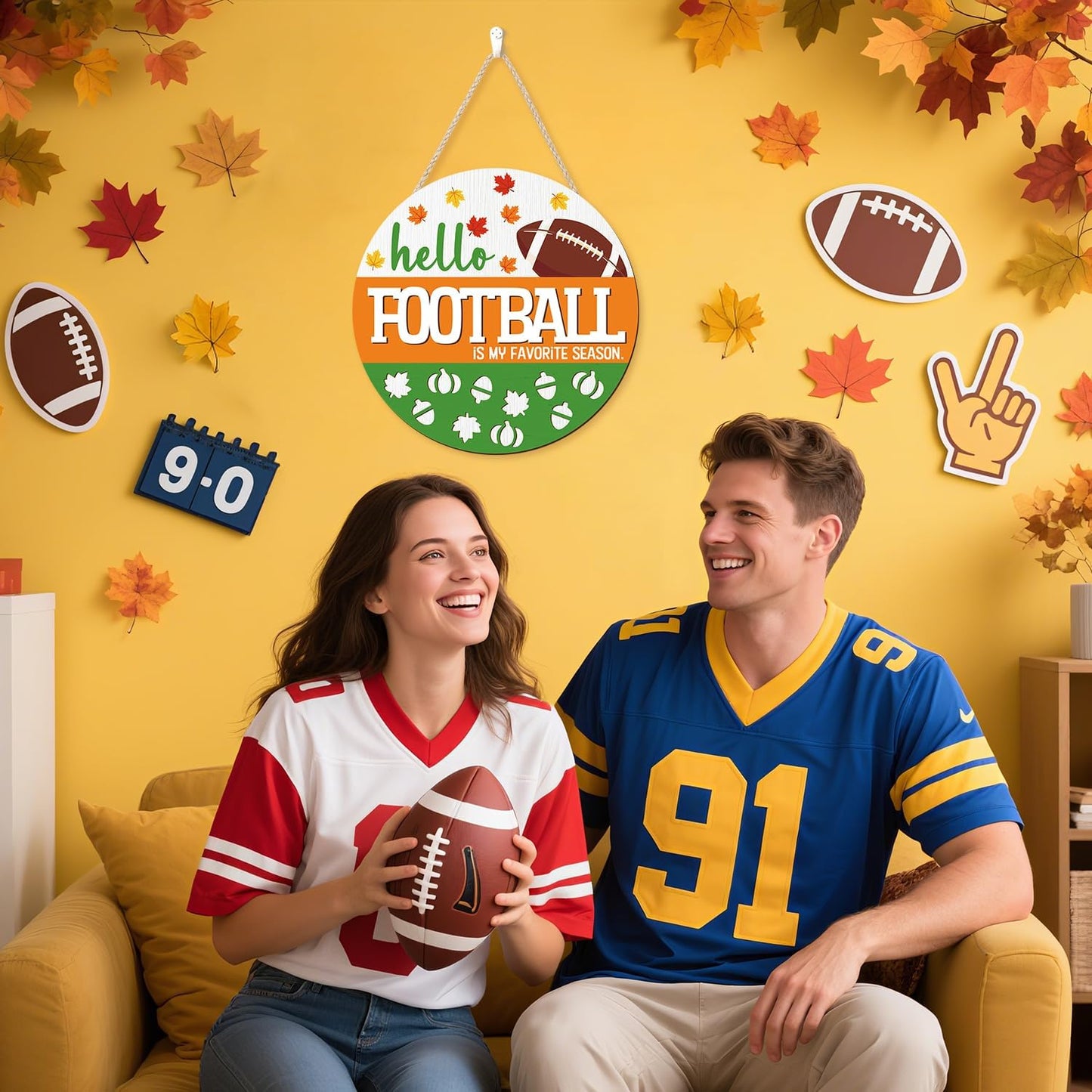 CHDITB Hello Football is My Favorite Season Front Door Sign Wreath(12"x12"), Wooden 3D Fall Decoration Wall Hanging, Farmhouse Rugby Autumn Harvest Maple Leaves Decor Hanger for Front Porch Outdoor