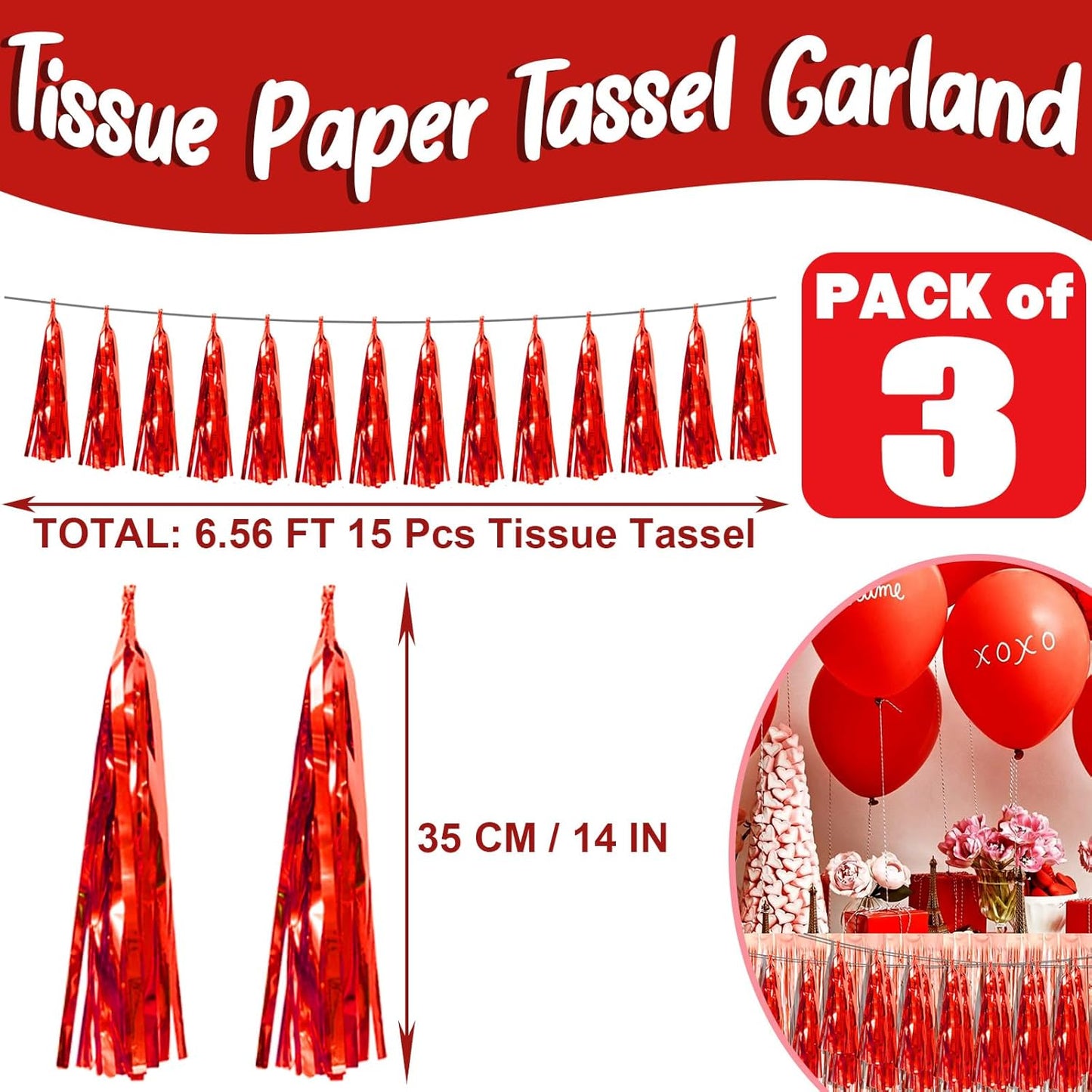 3P Red Foil Fringe Metallic Tassel Streamers Banner Tassel Garland for Parade Floats, Bachelorette, Wedding, Birthday, Halloween, Christmas, Bridal/Baby Shower Party Decorations