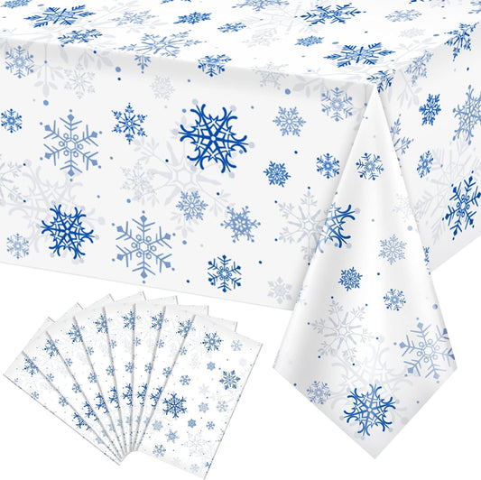 8 Pieces Snowflake Christmas Party Tablecloth Decorations,Plastic White Snowflake White Blue Xmas Backdrop Sign Table Cover Banner for Winter Christmas Holiday Party Supplies,54x108 inch（White/Blue）