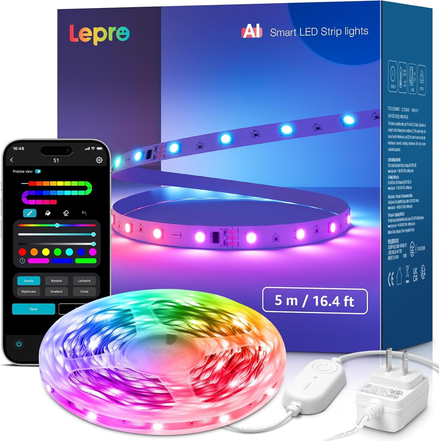 Lepro S1 AI LED Strip Lights for Bedroom - 16.4ft Smart RGB Light Strips with IC and Rainbow Chasing Effects, Color Segment DIY, AI Generated Lighting, No Remote, 2.4G Wi-Fi & Bluetooth