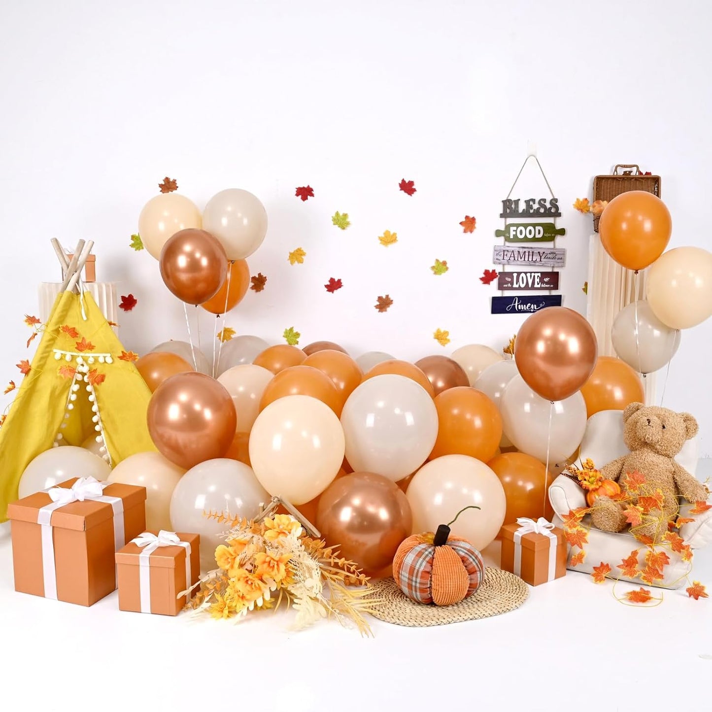 Fall Balloons 55pcs Burnt Orange Gold Balloons 12 Inch, Terracotta Dusty Orange Metallic Copper Sand White Beige Balloon for Thanksgiving Friendsgiving Fall Baby Shower Autumn Party Birthday Decor