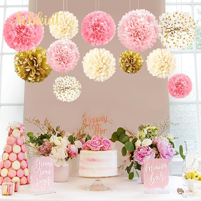AOBKIAT Birthday Decorations for Girls Women,12PCS Pink Gold Tissue Paper Pom Poms,for Party,Wedding,Baby Shower,Bridal Shower,Princess Party