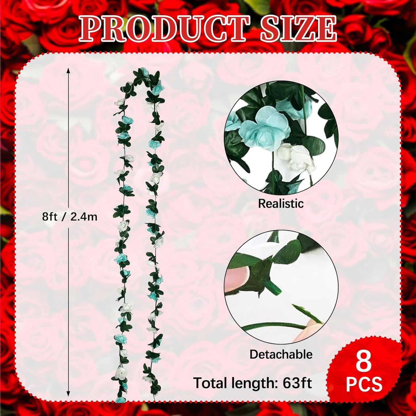 8Pcs 63Ft Teal&White Rose Garland, Fake Rose Hanging Flowers, Artificial Flower Vine, Hanging Floral Vine Garland for Wedding, Birthday Party, Wall Arch, Halloween, Christmas Garden Backdrop Decor