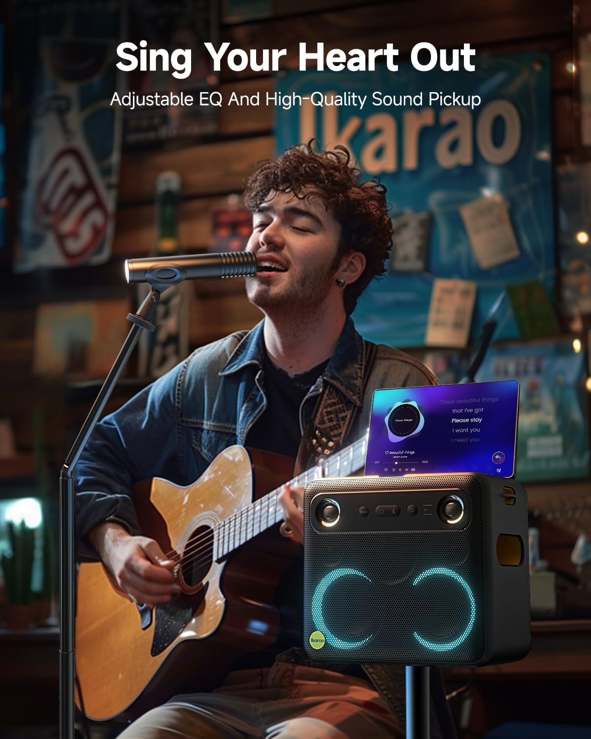 Ikarao Karaoke Machine with Microphone Stand, Portable Bluetooth Speaker for Party, Backyard, Karaoke System with 2 Wireless Microphone for Adults Kids, for Women, Men, Singing Lovers