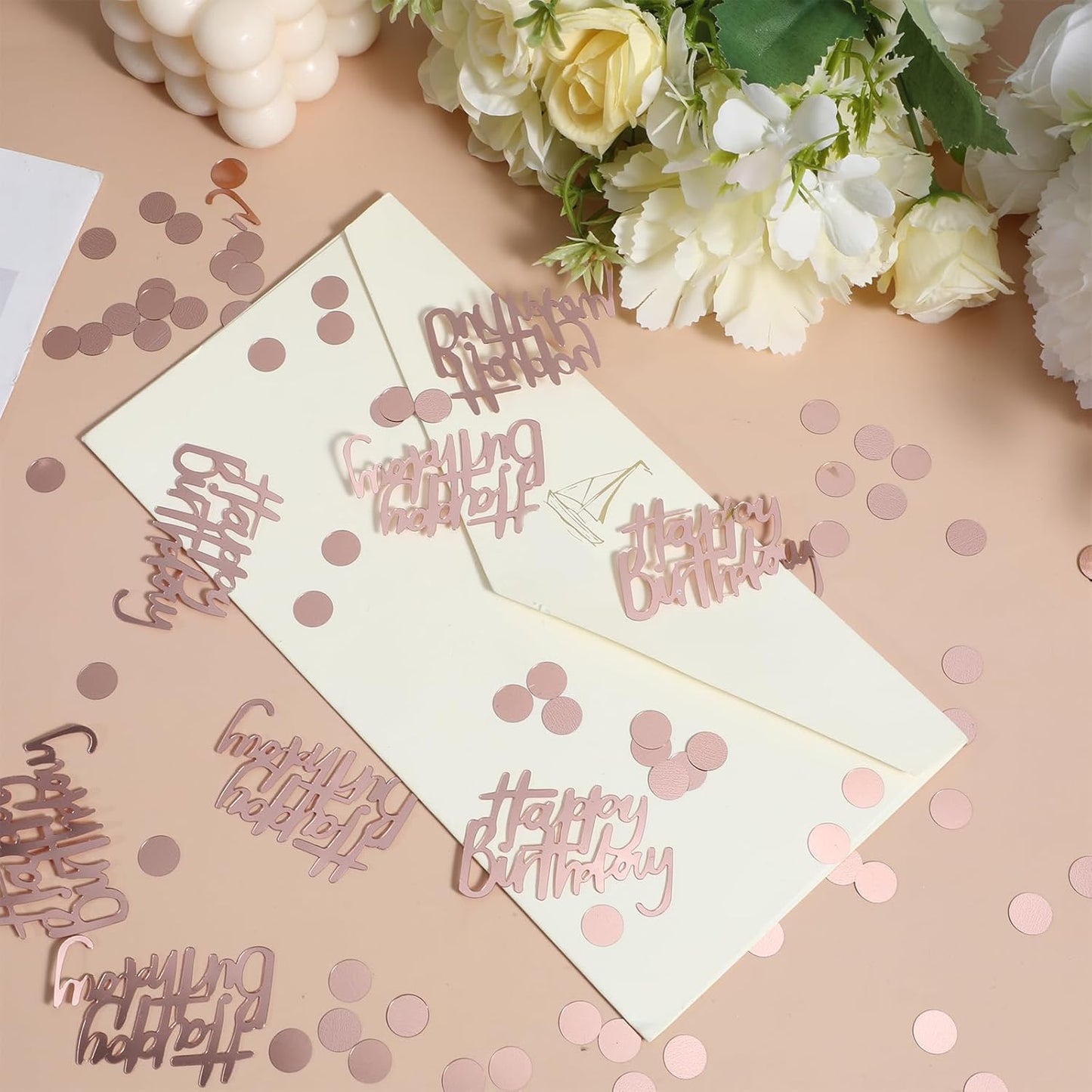 300pcs Rose Gold Happy Birthday Confetti for Table and Disc Glitter Confetti for Birthday Table Decor