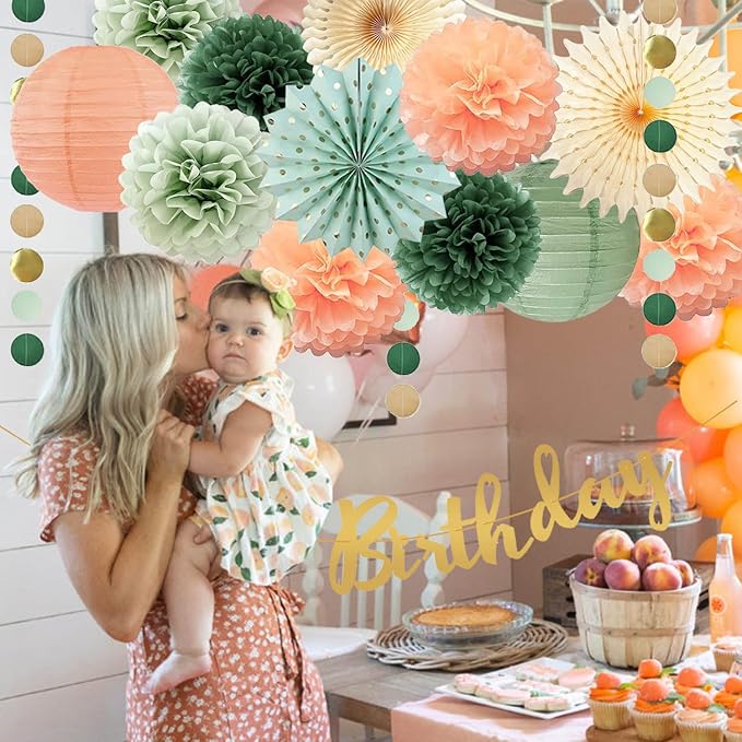 Sage Green and Peach Birthday Decorations - Olive Peach Tissue Paper Pom Poms, Hanging Paper Fans & Lantern, Gold Happy Birthday Banner for Olive Sage Green Peach Bday Baby Shower Decorations
