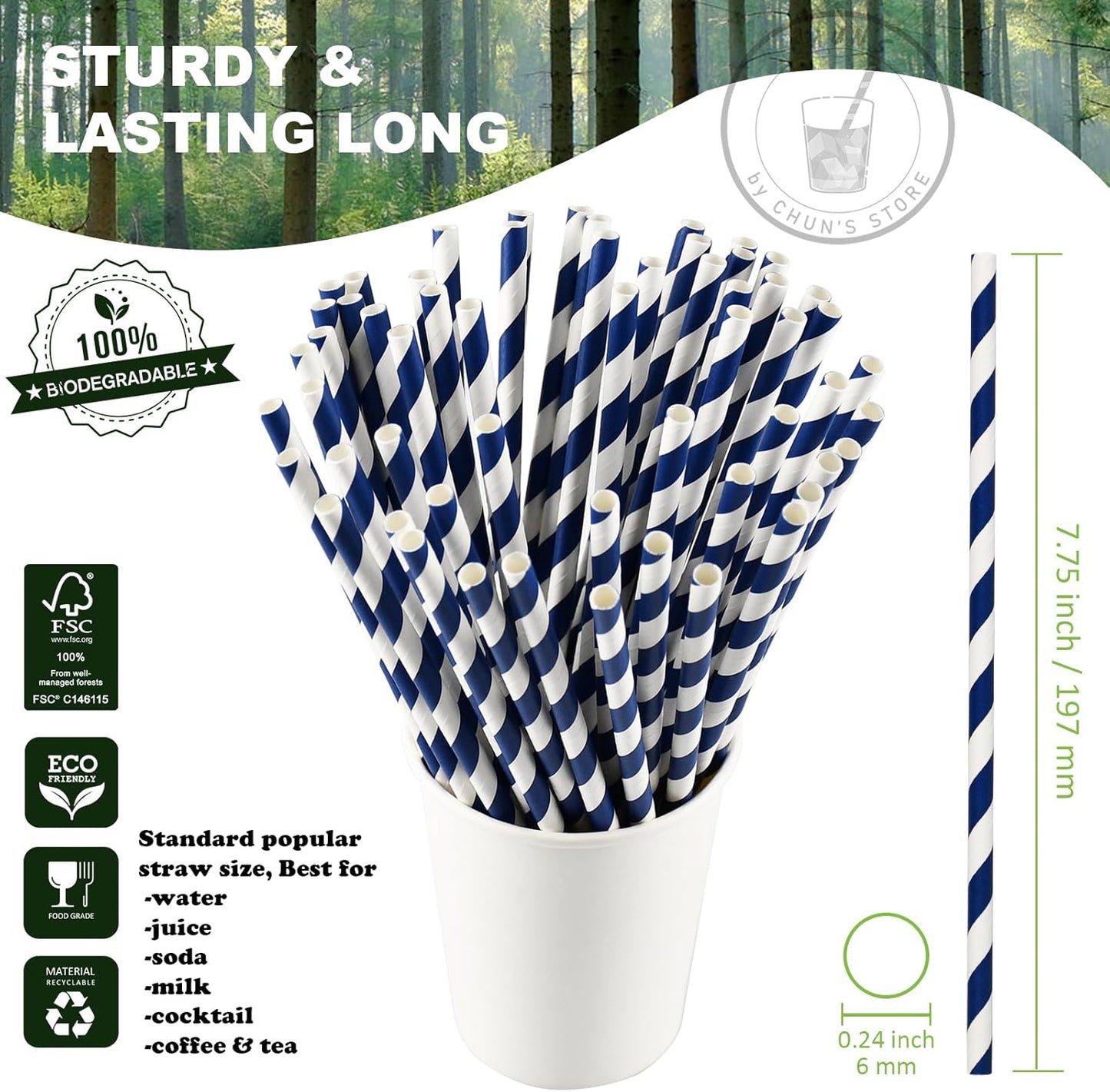 Biodegradable Paper Drinking Straws Bulk - Navy Blue, 1000 Counts - 7.75 Inches, 0.24'' Diameter