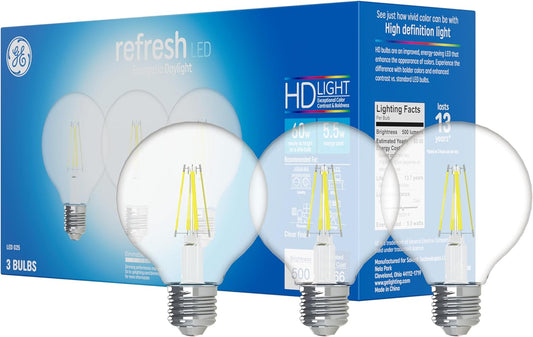GE Refresh LED Light Bulbs, 60 Watt, Daylight, G25 Globe Bulbs, Clear, Medium Base 3 Count, (1 Pack)