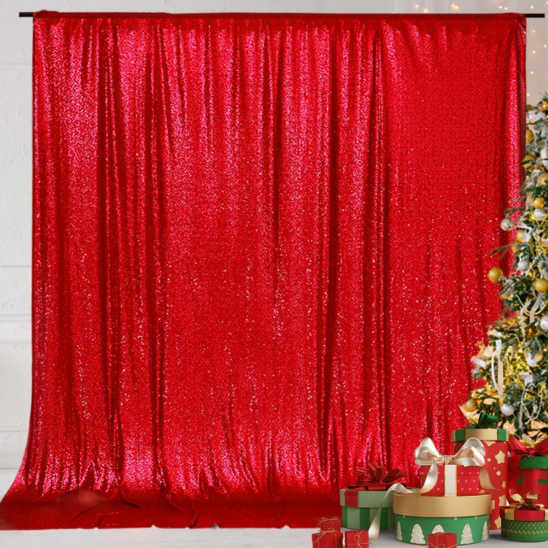 Eternal Beauty Red Sequin Backdrop, 7x7 Ft Glitter Background Curtains for Christmas Shimmer Photography Party Wedding Birthday Back Drop Decor