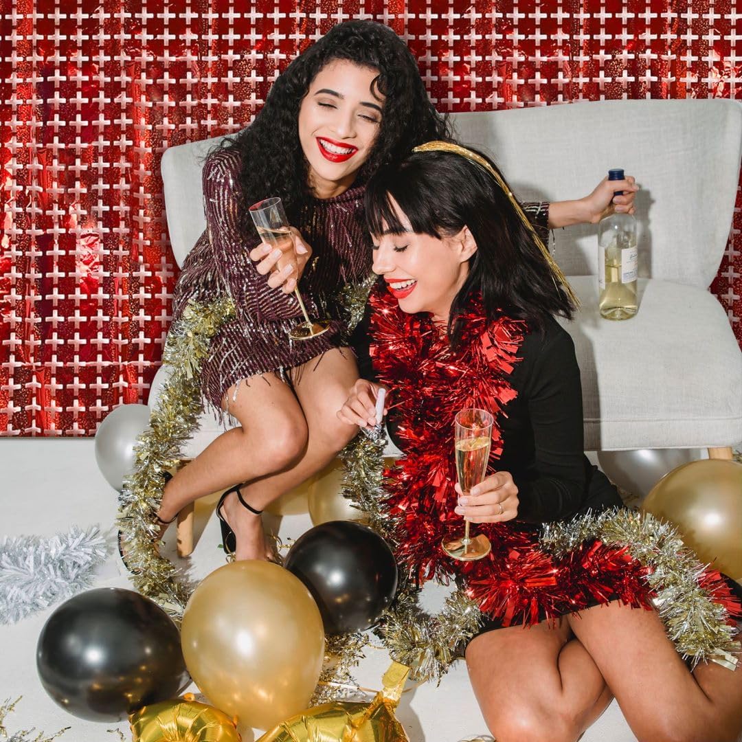 Square Tinsel Curtain Party Backdrop - 5pcs Glitter Foil Fringe Curtain Decor Red Photo Booth Backdrop Streamers for Halloween, Christmas, Birthday, Graduation, Wedding Party Decorations