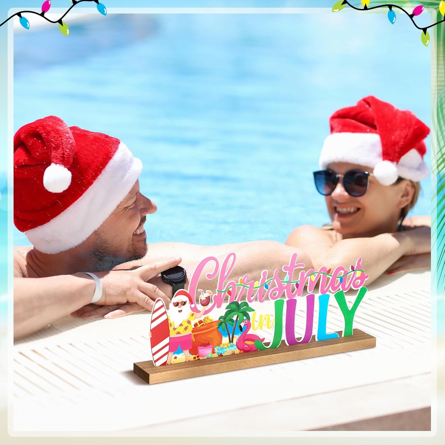 Christmas in July Metal Sign Rustic Table Decor Holiday Tiered Tray Decor with Wooden Base Freestanding Metal Word Sign for Home Tabletop Centerpiece Mantel Shelf Fireplace