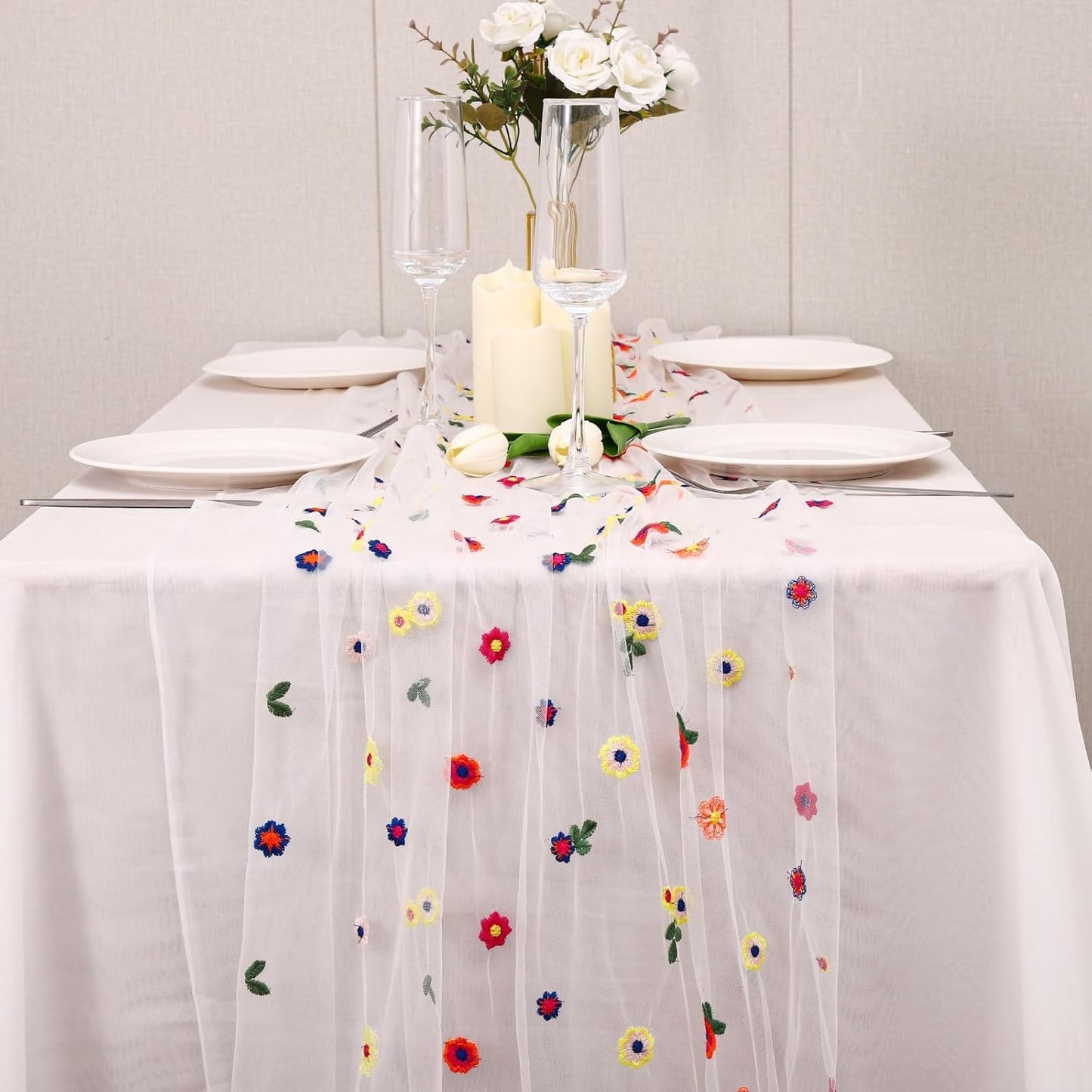 3PCS Lvory Floral Table Runner 10 FT, Embroidery Daisy Table Runners Seasonal Sheer Tulle Table Runner for Thanksgiving Wedding Birthday Baby Shower Party ﻿
