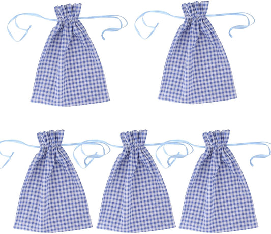 Meseey 5 Pcs Large Buffalo Plaid Burlap Bags with Drawstring - Gingham Sacks Gift Pouch Bags for Easter, Spring, Birthday, Baby Shower (6Wx8L, blue-white plaid)