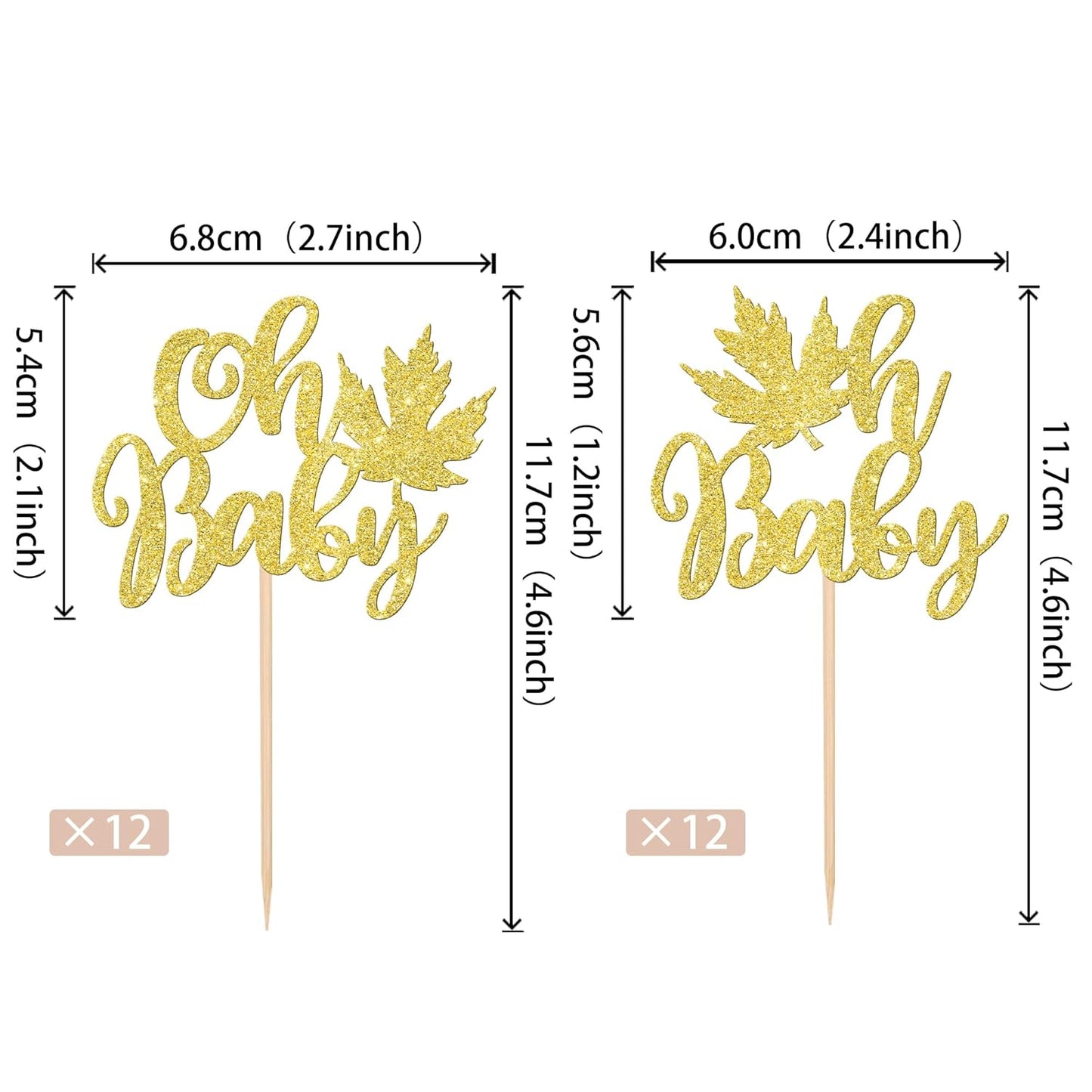 24 PCS Maple Leaf Oh Baby Cupcake Toppers Glitter Fall Baby Shower Cupcake Picks for Thanksgiving Theme Baby Shower Kids Boys Girls Birthday Party Cake Decorations Supplies Gold