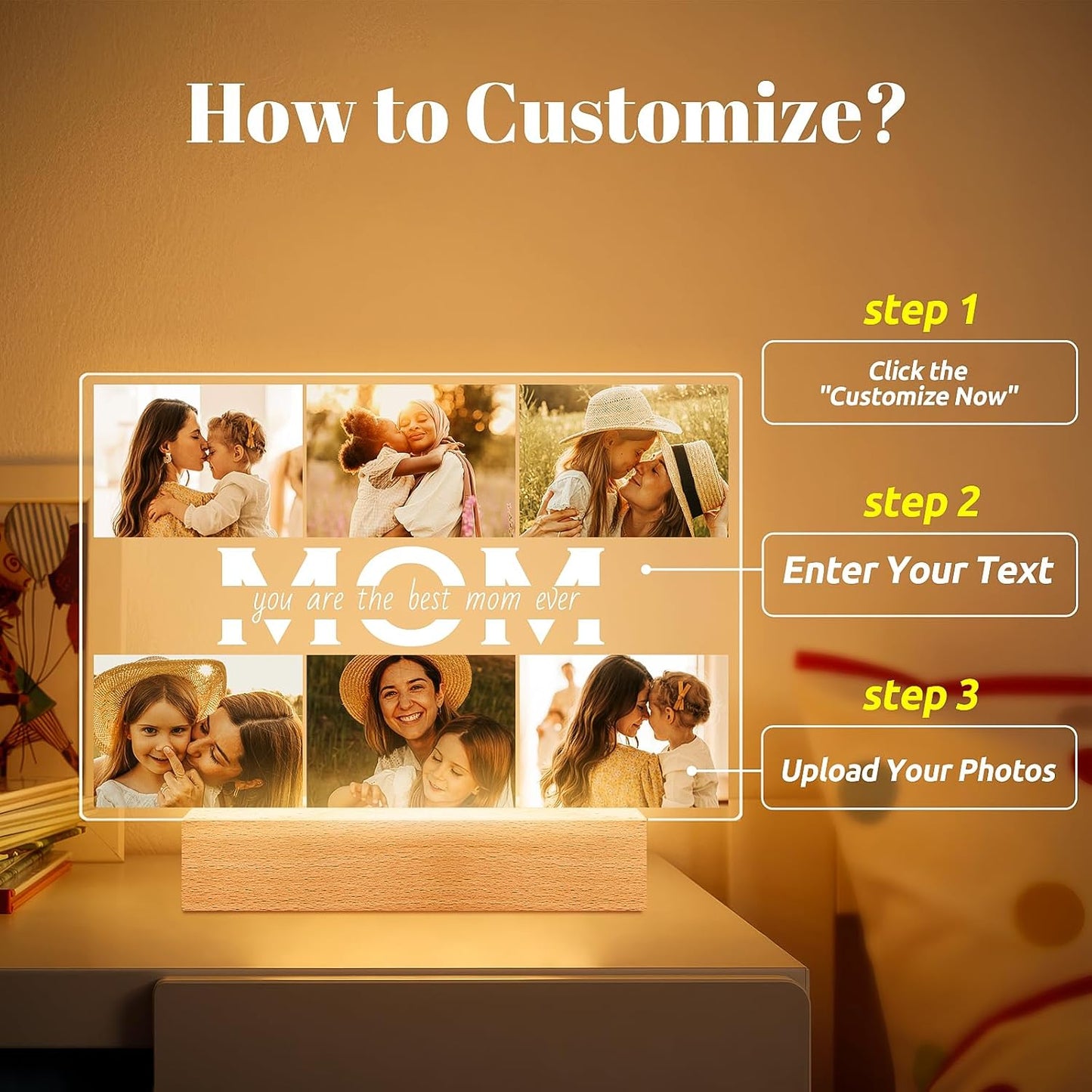 Personalized Gifts for Mom from Daughter Son, Custom Picture Frames with Photos, Customized Photo Frame with Night Light, Personalized Birthday Gifts for Mom Baby Kids Family