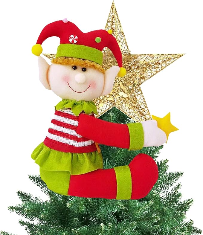 Elf Christmas Tree Topper with Mini Star, Unique Funny Plush Elf Decoration for Tree, Xmas Curtain Ornaments Wine Bottle Staircase Guardrail Decoration for Xmas New Year Holiday Birthday