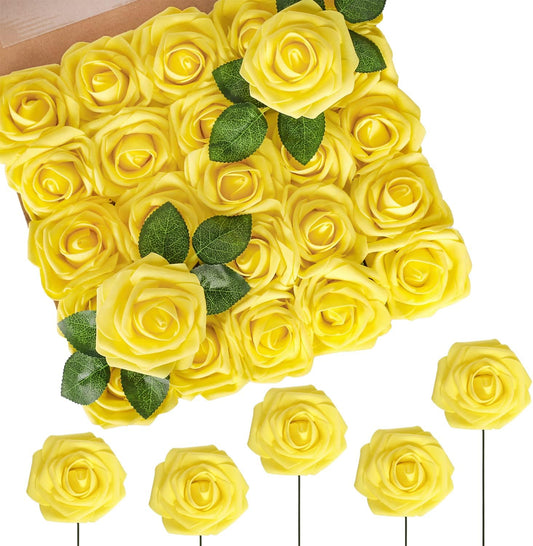 N&T NIETING Artificial Flowers Yellow Roses, 50 Pcs Fake Flowers Foam Roses Perfect for DIY Wedding Bouquets Centerpieces Bridal Baby Shower Party Home Flower Arrangement Spring Decorations