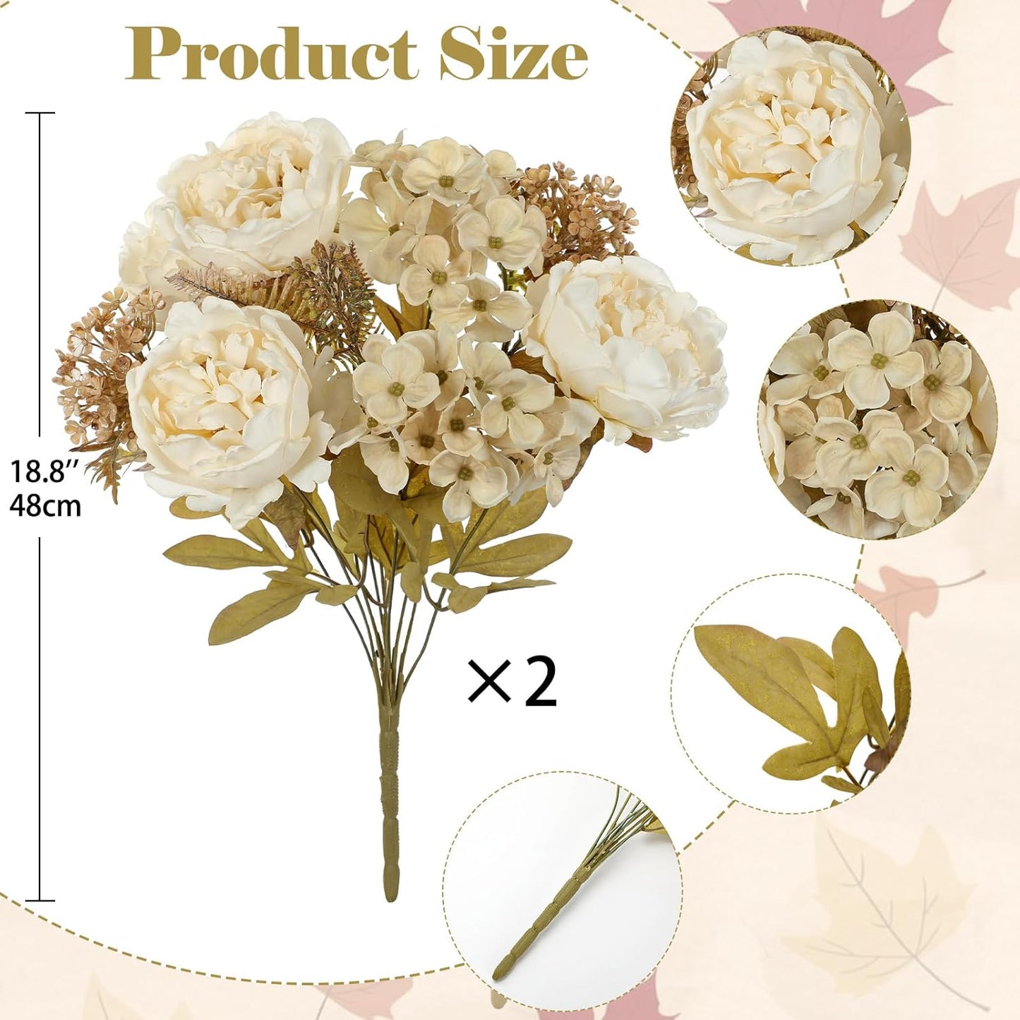 Hollyone 2Pcs Artificial Fall Flowers Bouquet 18.8" White Dried Peony Hydrangea Fake Fall Floral Silk Flowers Autumn Faux Flower Arrangement for Home Wedding Table Centerpiece Thanksgiving Party Decor