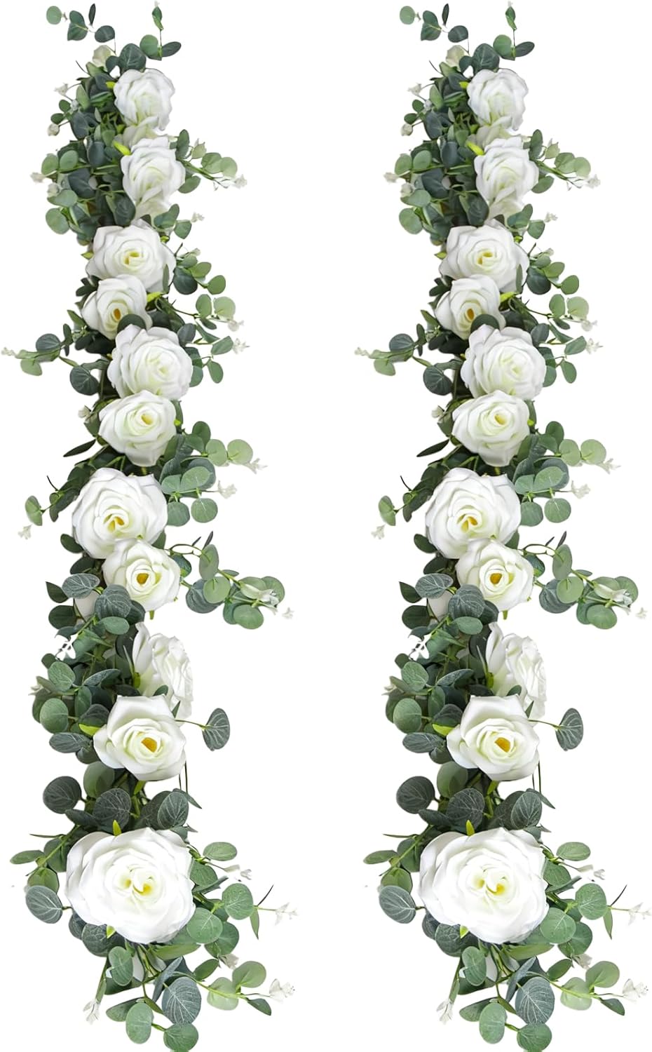 6FT Artificial Eucalyptus Garland with 14 Fake White Rose Flowers - Floral Greenery Decoration Vine for Wedding Centerpieces, Table Runner, Backdrop, Arch Wall Decor,Indoor/Outdoor (2 PCS)
