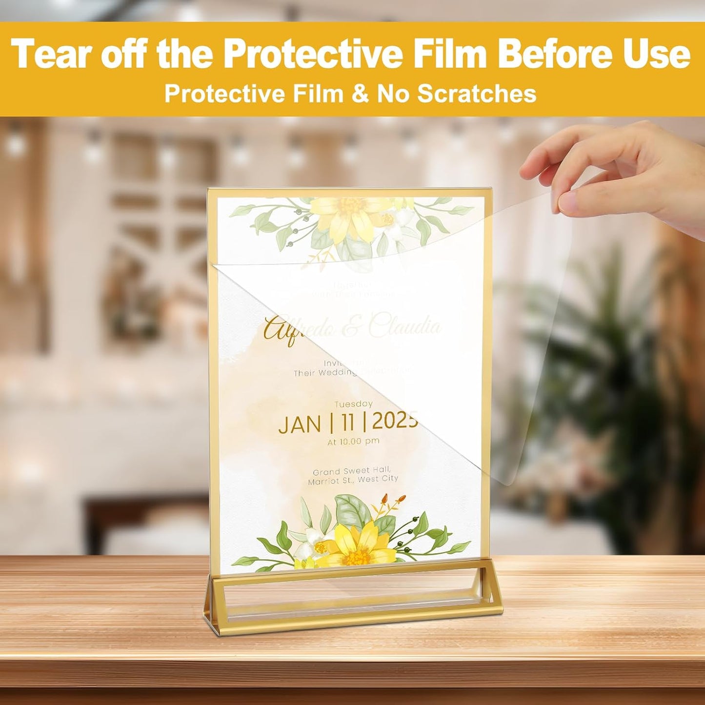 EHWINE 2 Pack Acrylic Sign Holder 4 x 6, Double Sided Gold Picture Frame Stand up Table Top Sign Holders, Clear Display Stand Menu Flyer Holder for Wedding Party